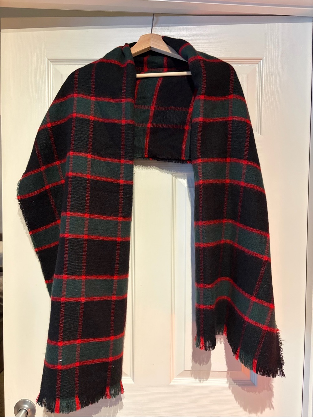 LOFT Extra Large Black Plaid Fringe Wrap Scarf with Green & Red Windowpane